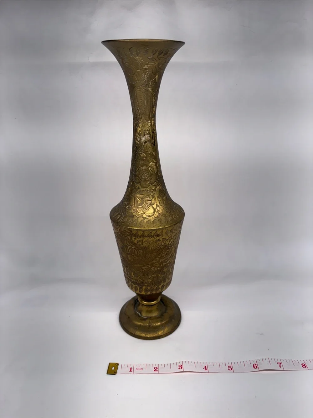 Vintage Etched Brass Floral Vase - 11